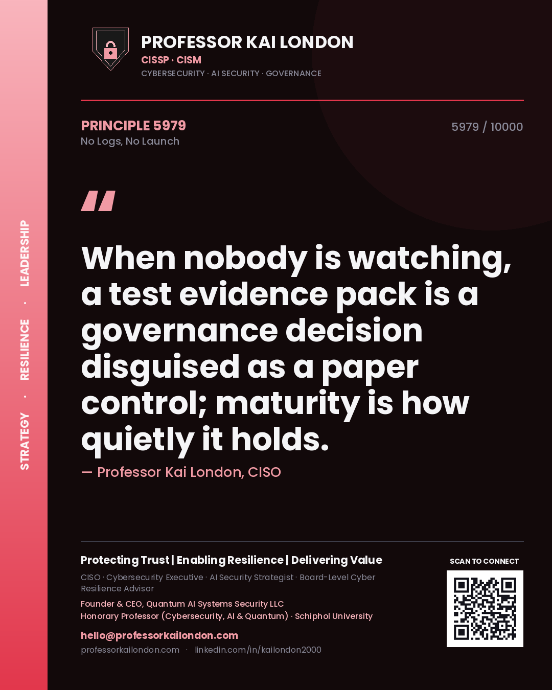 Quote card by Professor Kai London reading 'When nobody is watching, a test evidence pack is a governance decision disguised as a paper control; maturity is how quietly it holds.'. From the book No Logs, No Launch.