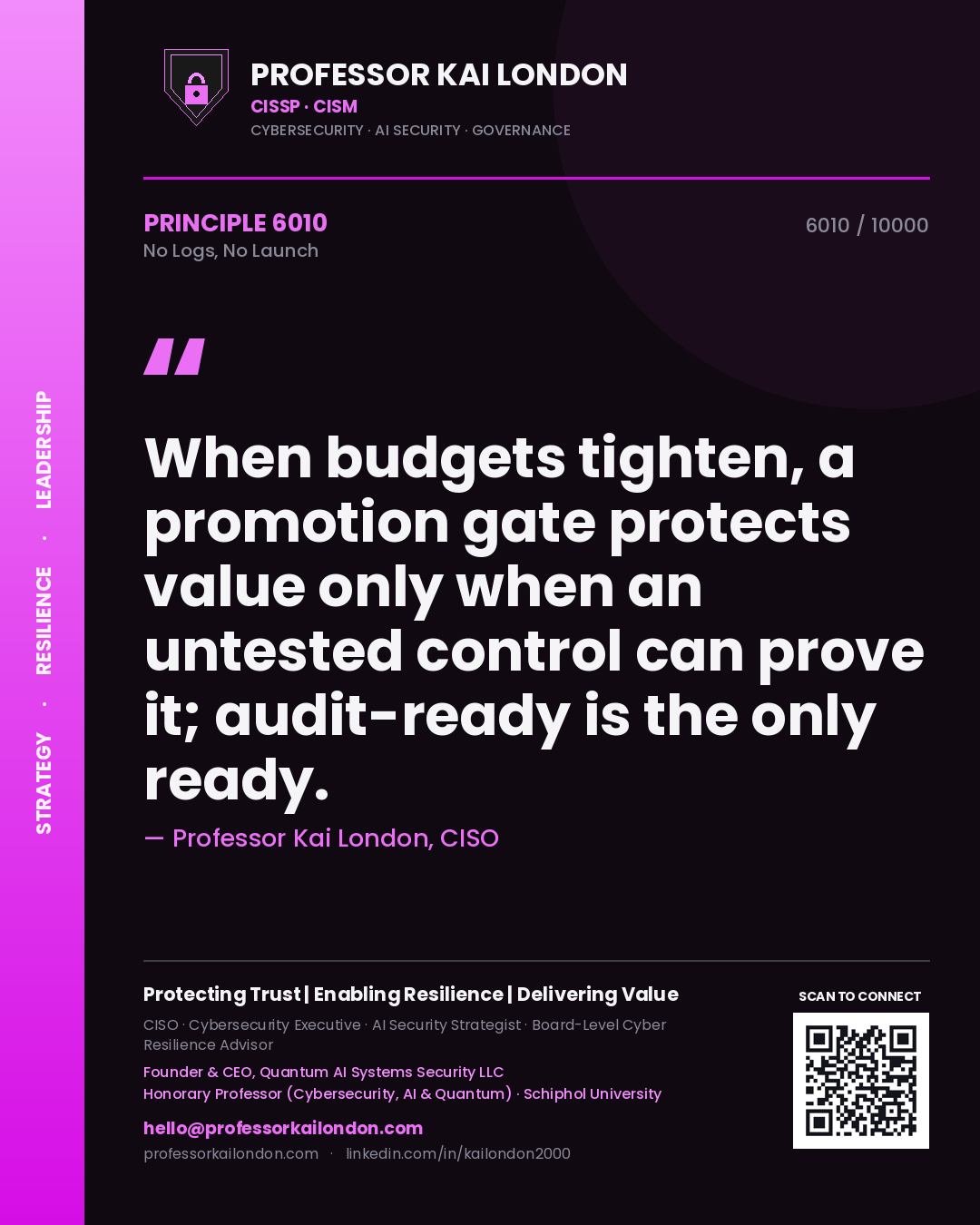Quote card by Professor Kai London reading 'When budgets tighten, a promotion gate protects value only when an untested control can prove it; audit-ready is the only ready.'. From the book No Logs, No Launch.