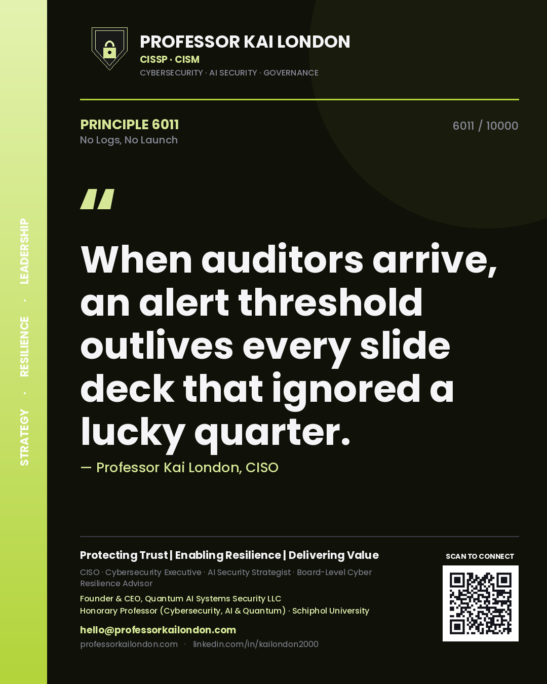 Professor Kai London principle 6011: When auditors arrive, an alert threshold outlives every slide deck that ignored a lucky quarter.