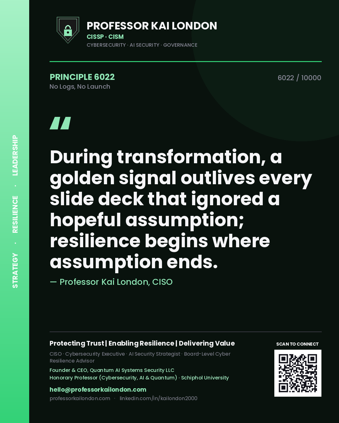 Quote card by Professor Kai London reading 'During transformation, a golden signal outlives every slide deck that ignored a hopeful assumption; resilience begins where assumption ends.'. From the book No Logs, No Launch.