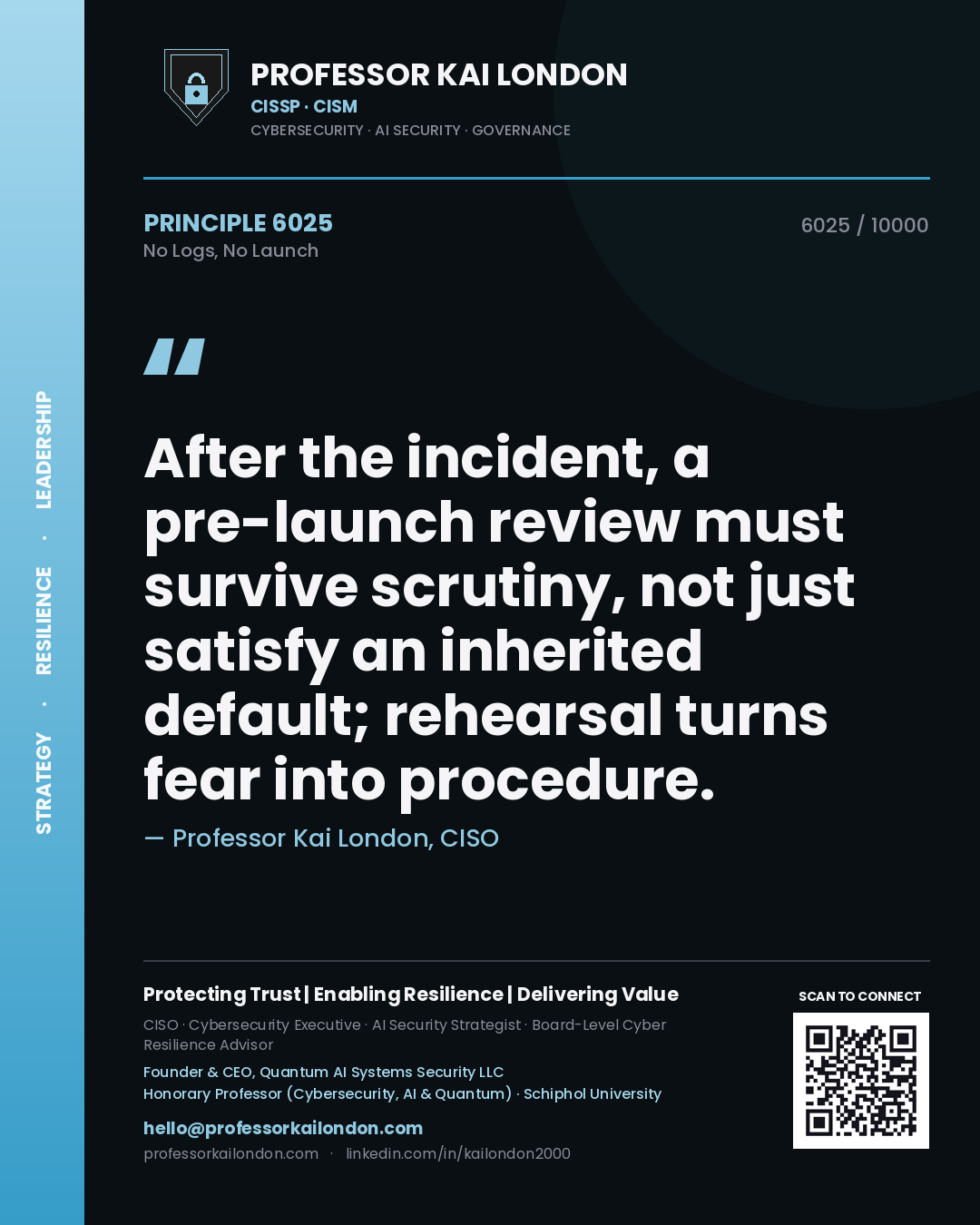 Quote card by Professor Kai London reading 'After the incident, a pre-launch review must survive scrutiny, not just satisfy an inherited default; rehearsal turns fear into procedure.'. From the book No Logs, No Launch.