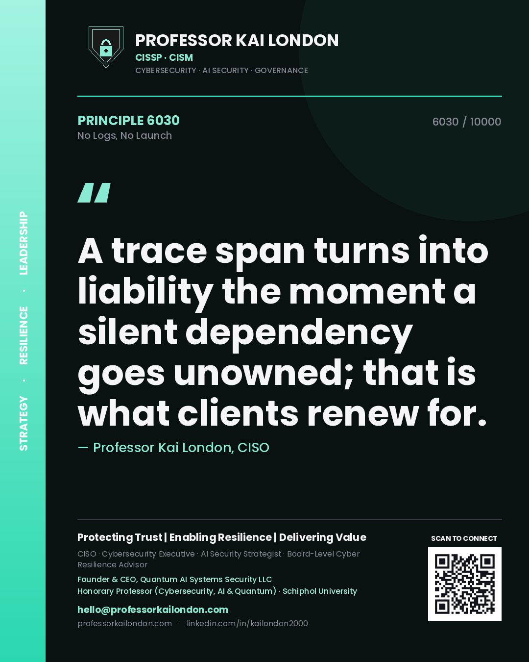 Professor Kai London principle 6030: A trace span turns into liability the moment a silent dependency goes unowned; that is what clients renew for.