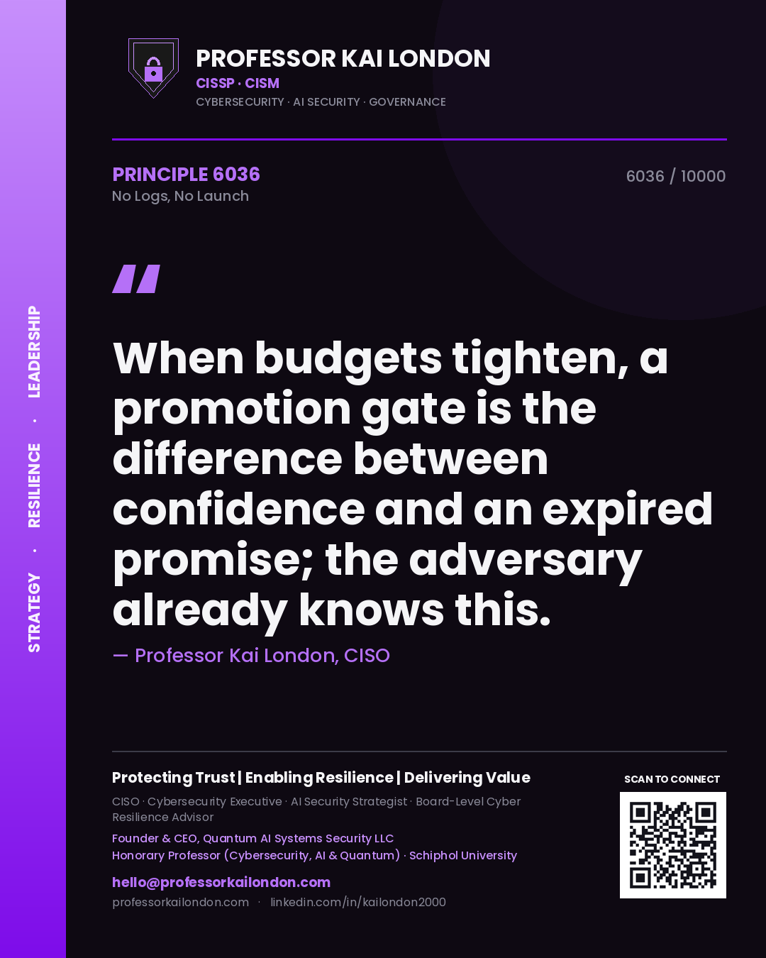 Professor Kai London principle 6036: When budgets tighten, a promotion gate is the difference between confidence and an expired promise; the adversary already knows this.
