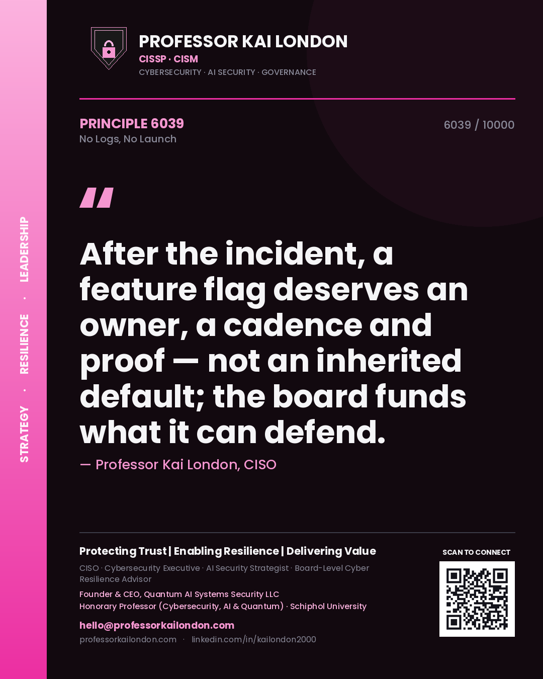 Quote card by Professor Kai London reading 'After the incident, a feature flag deserves an owner, a cadence and proof — not an inherited default; the board funds what it can defend.'. From the book No Logs, No Launch.