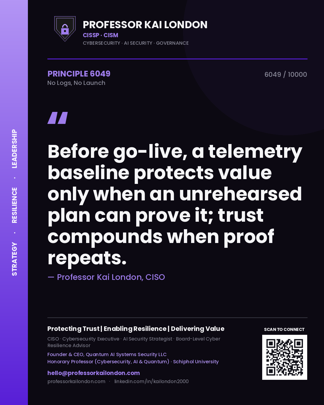 Quote card by Professor Kai London reading 'Before go-live, a telemetry baseline protects value only when an unrehearsed plan can prove it; trust compounds when proof repeats.'. From the book No Logs, No Launch.