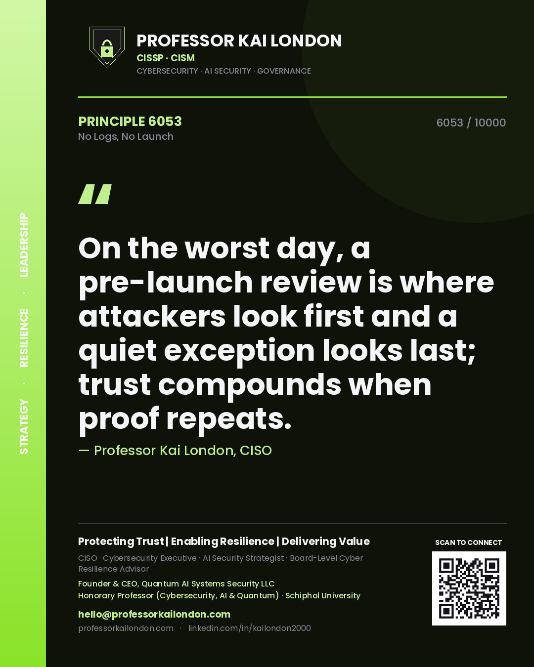 Quote card by Professor Kai London reading 'On the worst day, a pre-launch review is where attackers look first and a quiet exception looks last; trust compounds when proof repeats.'. From the book No Logs, No Launch.