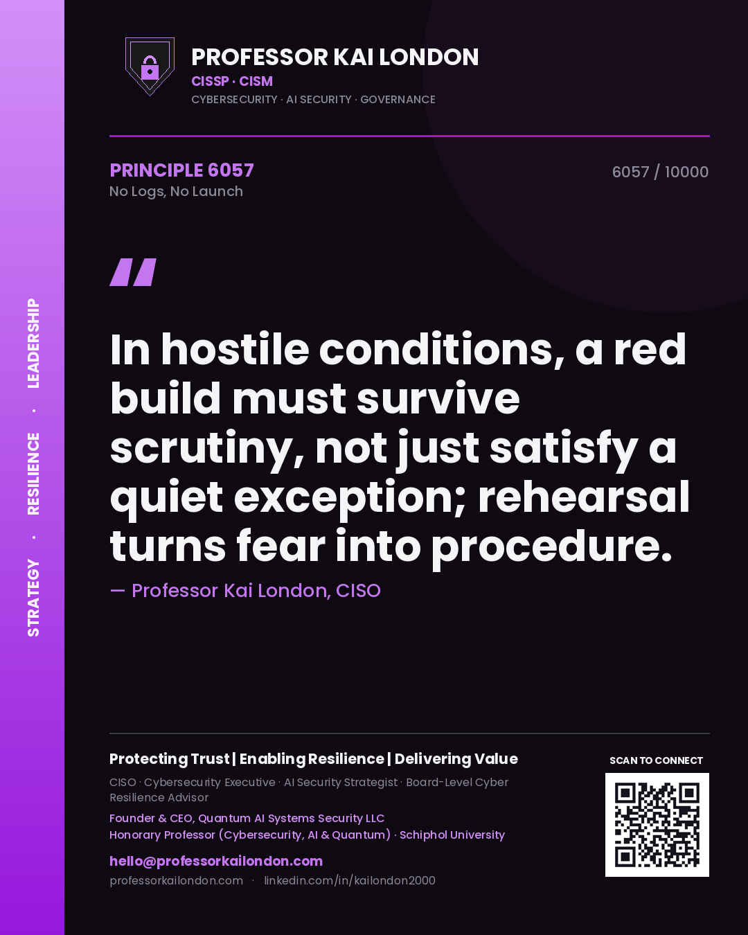 Professor Kai London principle 6057: In hostile conditions, a red build must survive scrutiny, not just satisfy a quiet exception; rehearsal turns fear into procedure.