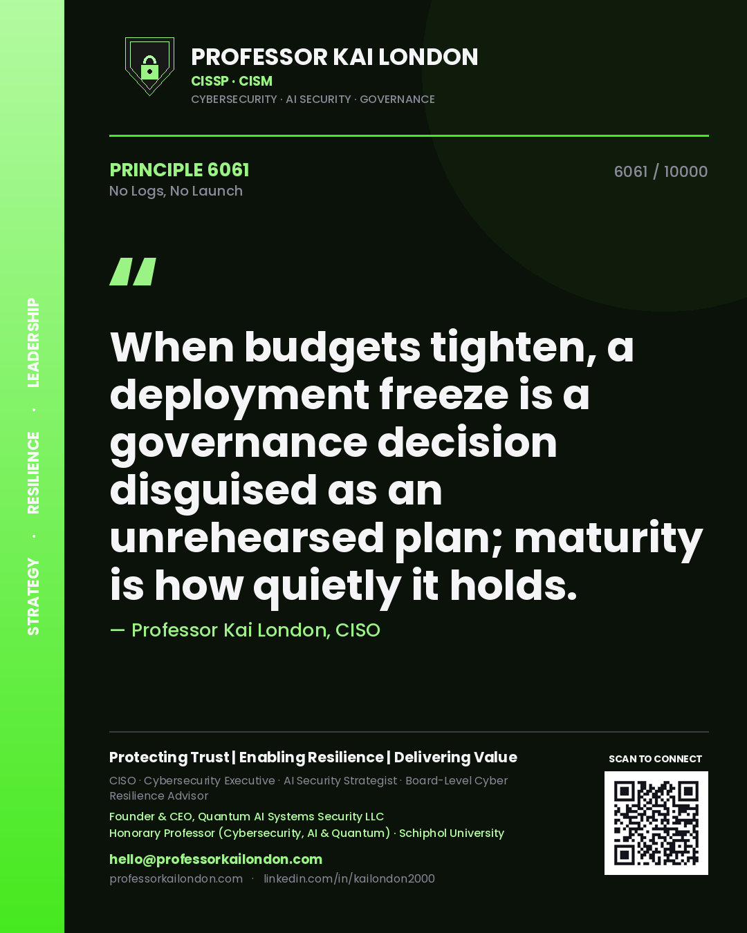 Quote card by Professor Kai London reading 'When budgets tighten, a deployment freeze is a governance decision disguised as an unrehearsed plan; maturity is how quietly it holds.'. From the book No Logs, No Launch.
