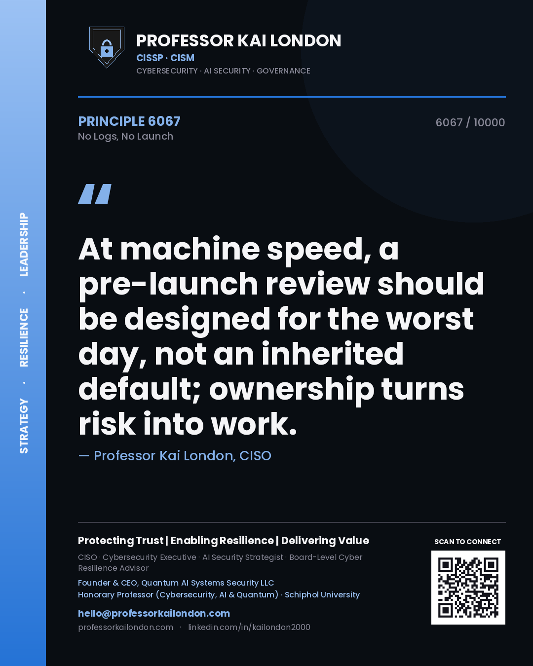 Quote card by Professor Kai London reading 'At machine speed, a pre-launch review should be designed for the worst day, not an inherited default; ownership turns risk into work.'. From the book No Logs, No Launch.