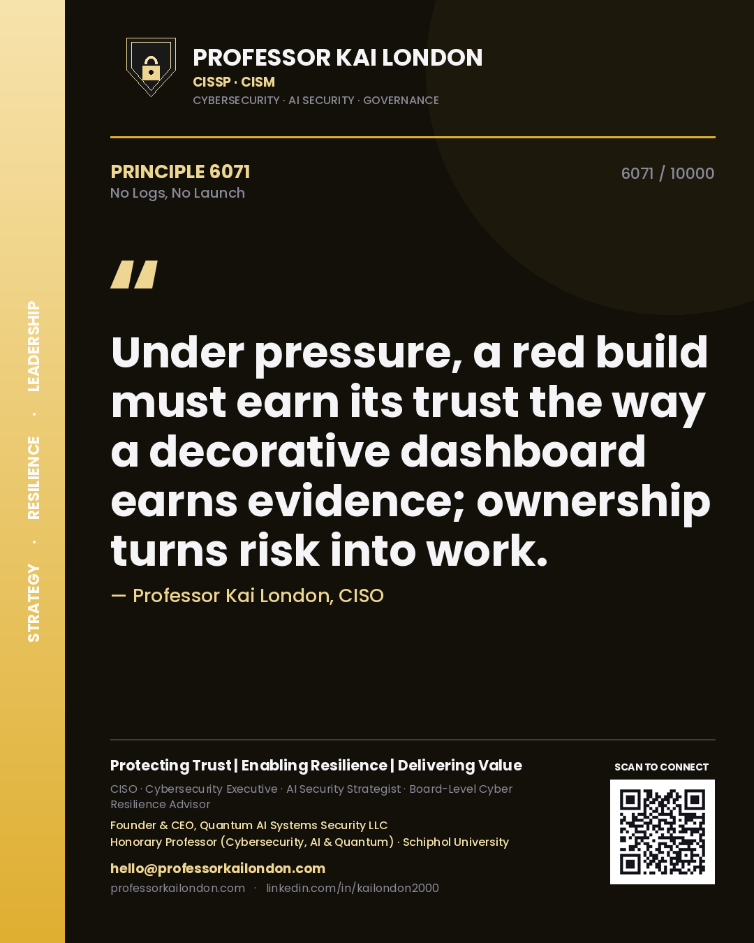 Quote card by Professor Kai London reading 'Under pressure, a red build must earn its trust the way a decorative dashboard earns evidence; ownership turns risk into work.'. From the book No Logs, No Launch.