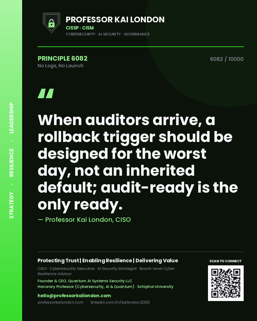 Quote card by Professor Kai London reading 'When auditors arrive, a rollback trigger should be designed for the worst day, not an inherited default; audit-ready is the only ready.'. From the book No Logs, No Launch.