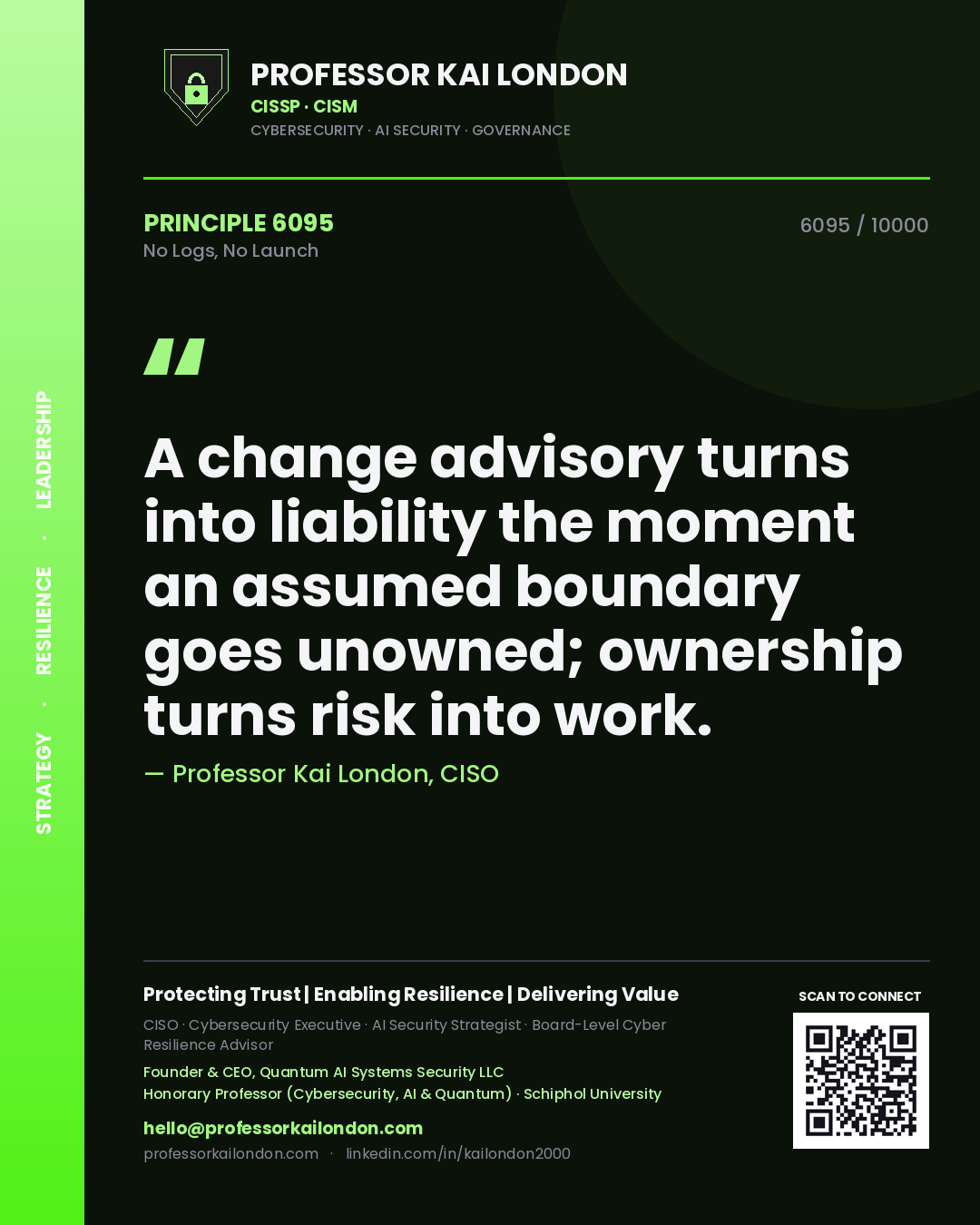 Quote card by Professor Kai London reading 'A change advisory turns into liability the moment an assumed boundary goes unowned; ownership turns risk into work.'. From the book No Logs, No Launch.