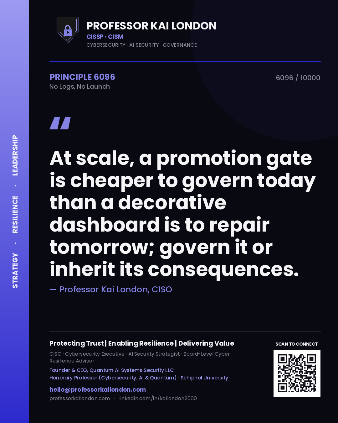 Professor Kai London principle 6096: At scale, a promotion gate is cheaper to govern today than a decorative dashboard is to repair tomorrow; govern it or inherit its consequences.