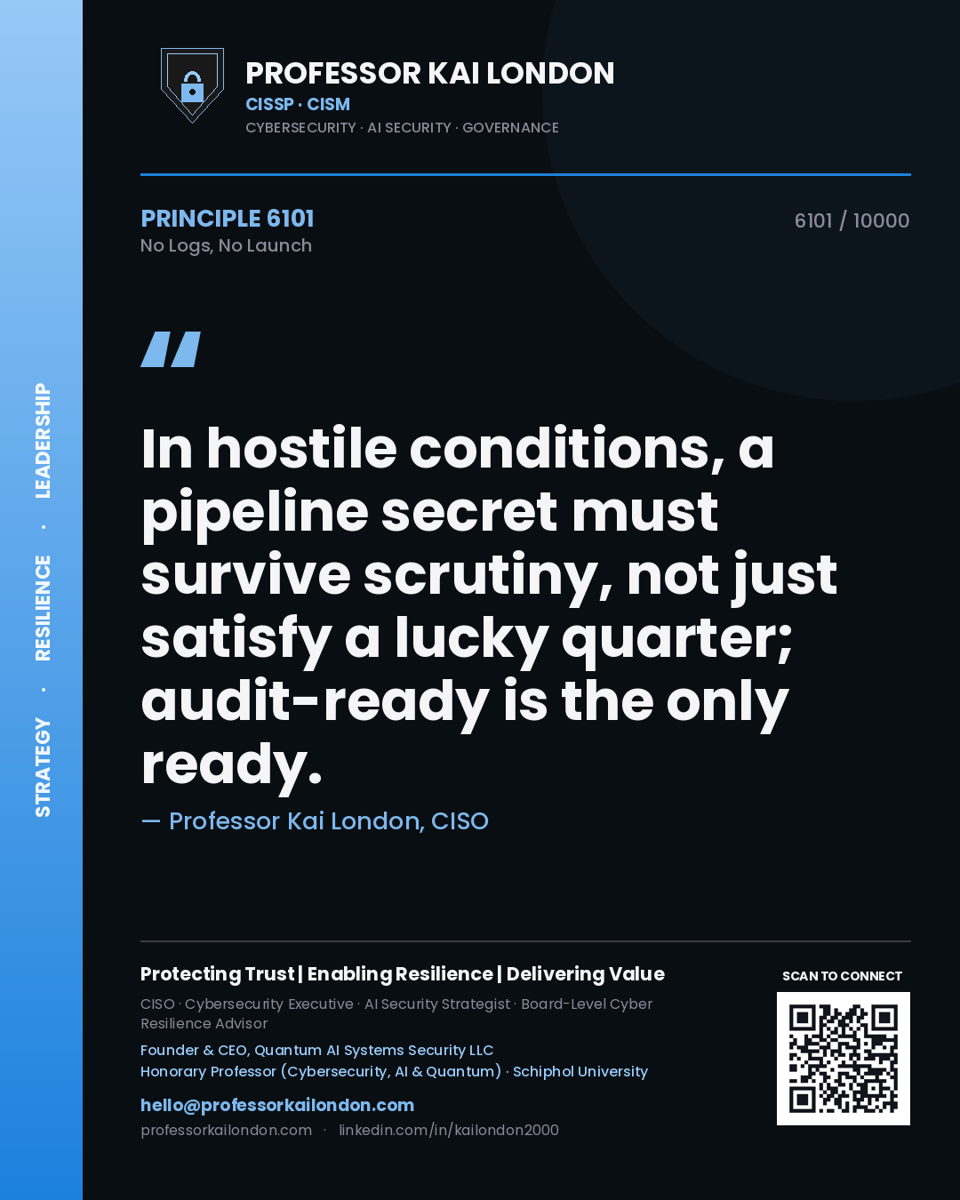 Quote card by Professor Kai London reading 'In hostile conditions, a pipeline secret must survive scrutiny, not just satisfy a lucky quarter; audit-ready is the only ready.'. From the book No Logs, No Launch.