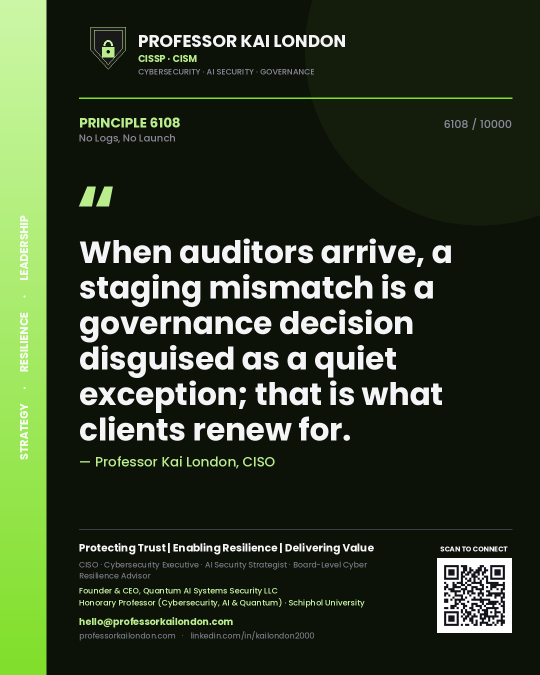 Professor Kai London principle 6108: When auditors arrive, a staging mismatch is a governance decision disguised as a quiet exception; that is what clients renew for.