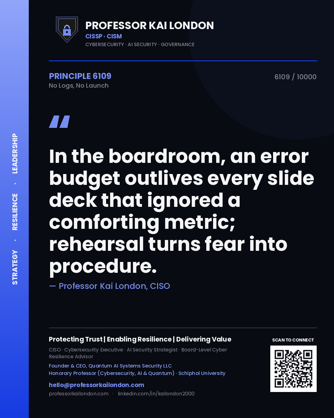 Professor Kai London principle 6109: In the boardroom, an error budget outlives every slide deck that ignored a comforting metric; rehearsal turns fear into procedure.