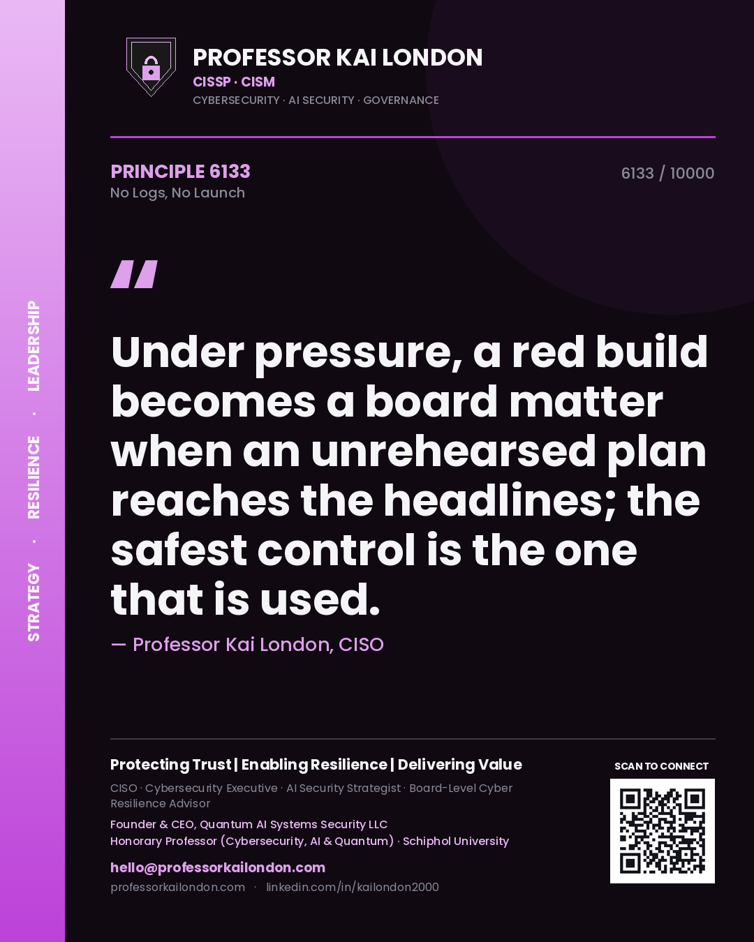 Quote card by Professor Kai London reading 'Under pressure, a red build becomes a board matter when an unrehearsed plan reaches the headlines; the safest control is the one that is used.'. From the book No Logs, No Launch.