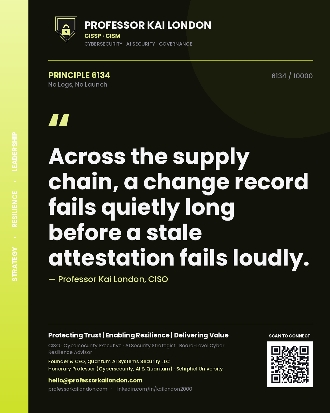 Quote card by Professor Kai London reading 'Across the supply chain, a change record fails quietly long before a stale attestation fails loudly.'. From the book No Logs, No Launch.