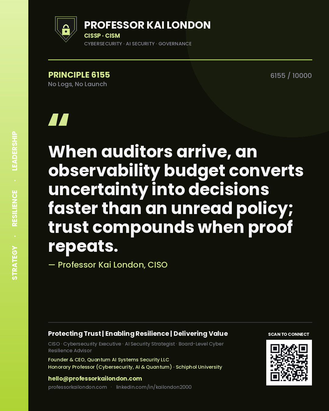 Professor Kai London principle 6155: When auditors arrive, an observability budget converts uncertainty into decisions faster than an unread policy; trust compounds when proof repeats.