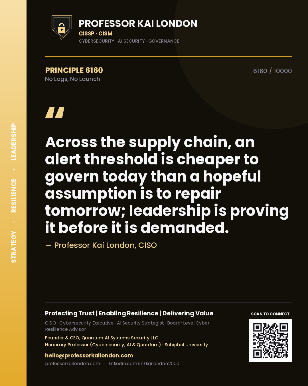 Quote card by Professor Kai London reading 'Across the supply chain, an alert threshold is cheaper to govern today than a hopeful assumption is to repair tomorrow; leadership is proving it before it is demanded.'. From the book No Logs, No Launch.