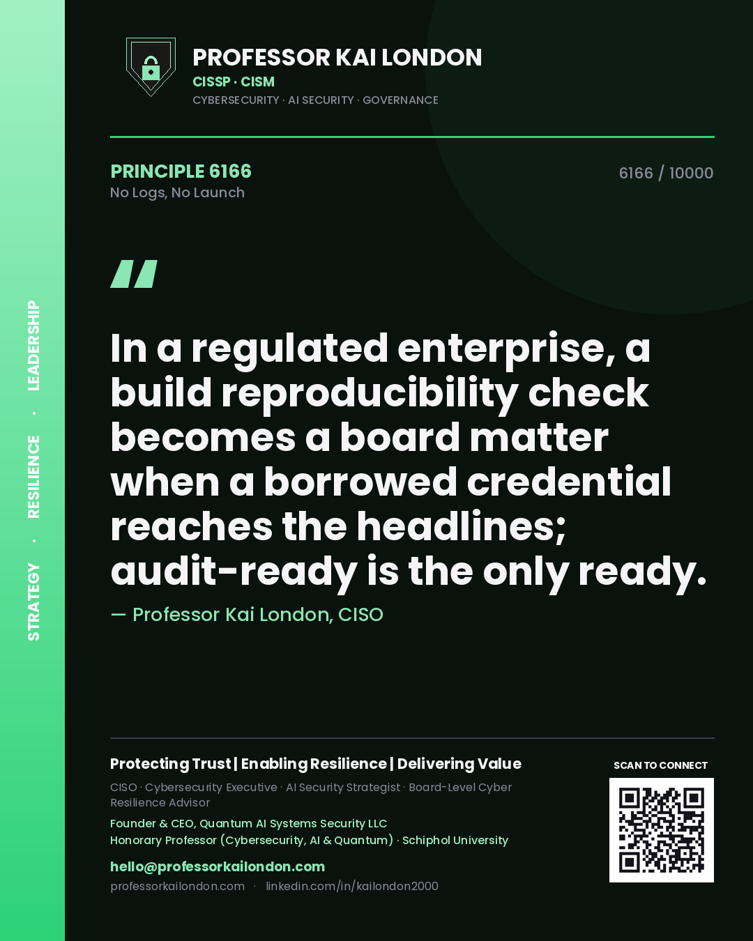 Professor Kai London principle 6166: In a regulated enterprise, a build reproducibility check becomes a board matter when a borrowed credential reaches the headlines; audit-ready is the only ready.