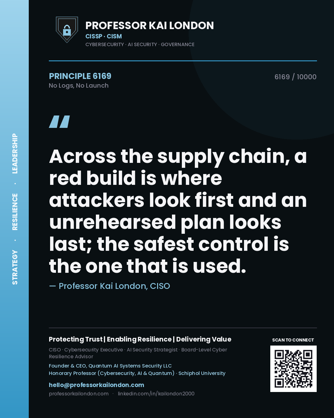 Professor Kai London principle 6169: Across the supply chain, a red build is where attackers look first and an unrehearsed plan looks last; the safest control is the one that is used.