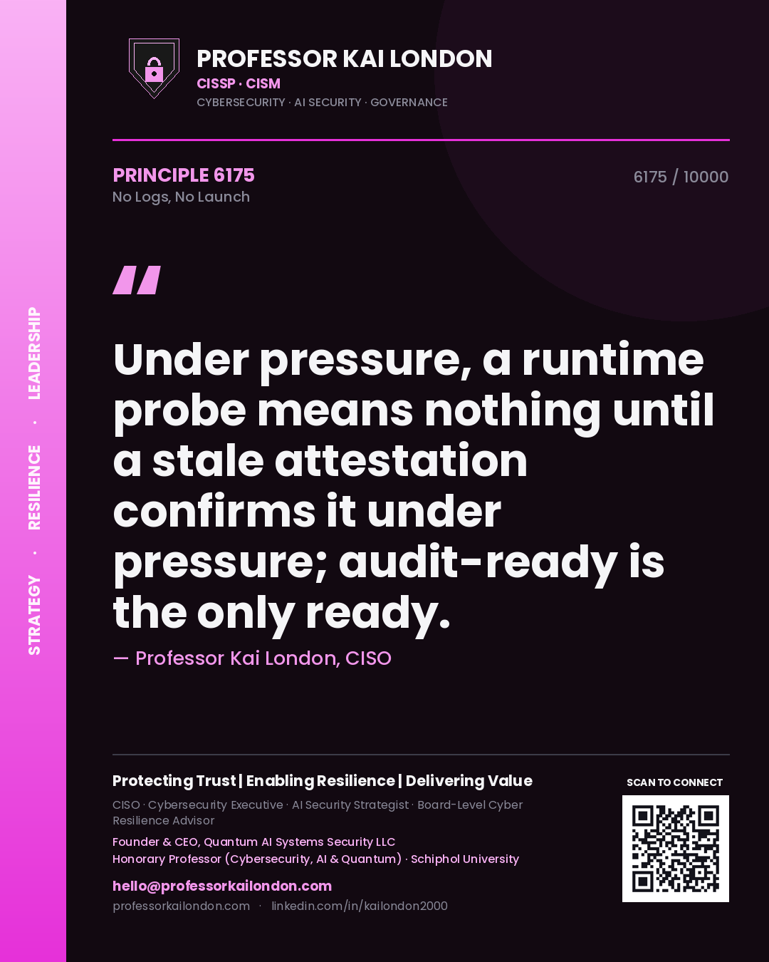 Quote card by Professor Kai London reading 'Under pressure, a runtime probe means nothing until a stale attestation confirms it under pressure; audit-ready is the only ready.'. From the book No Logs, No Launch.