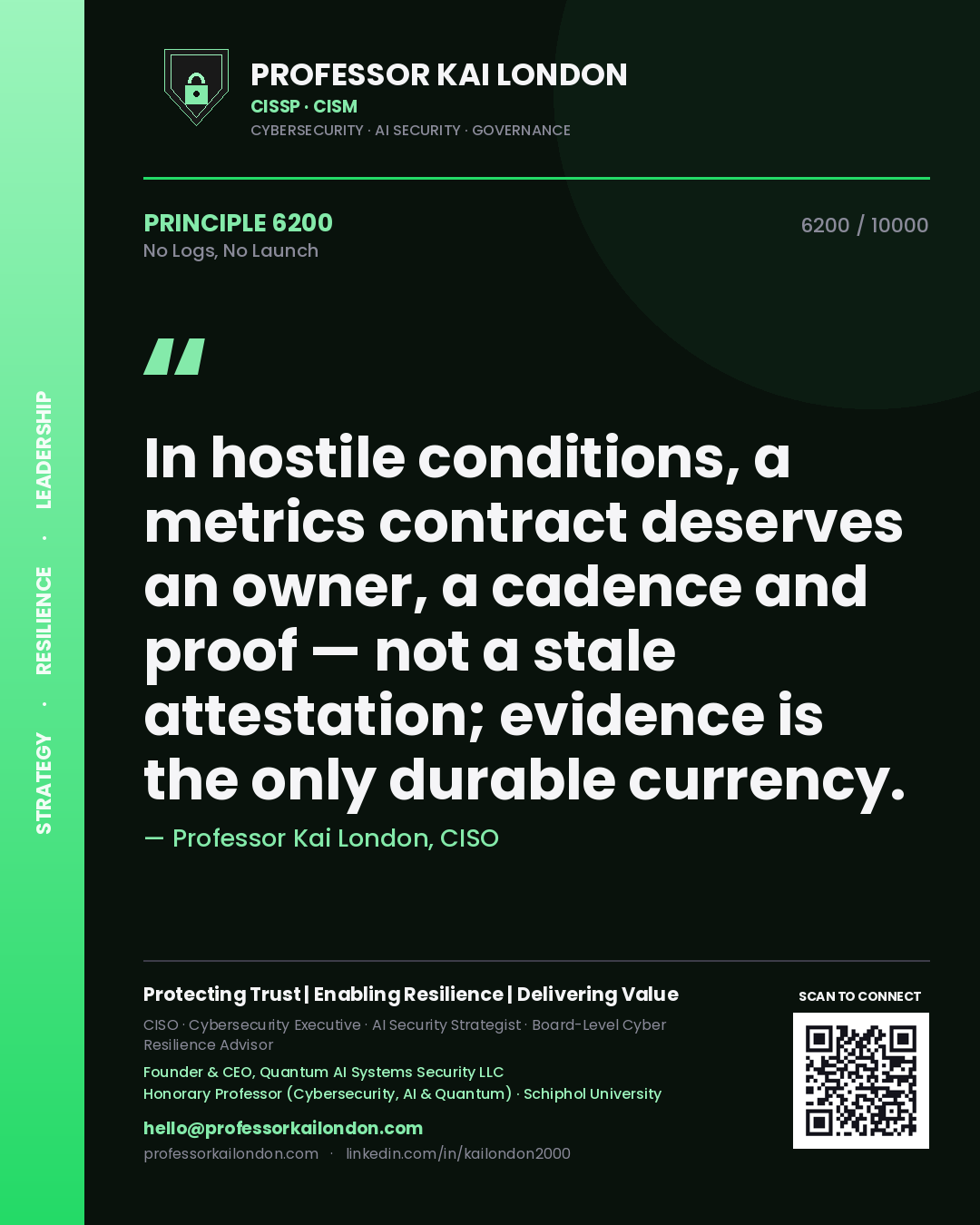 Quote card by Professor Kai London reading 'In hostile conditions, a metrics contract deserves an owner, a cadence and proof — not a stale attestation; evidence is the only durable currency.'. From the book No Logs, No Launch.