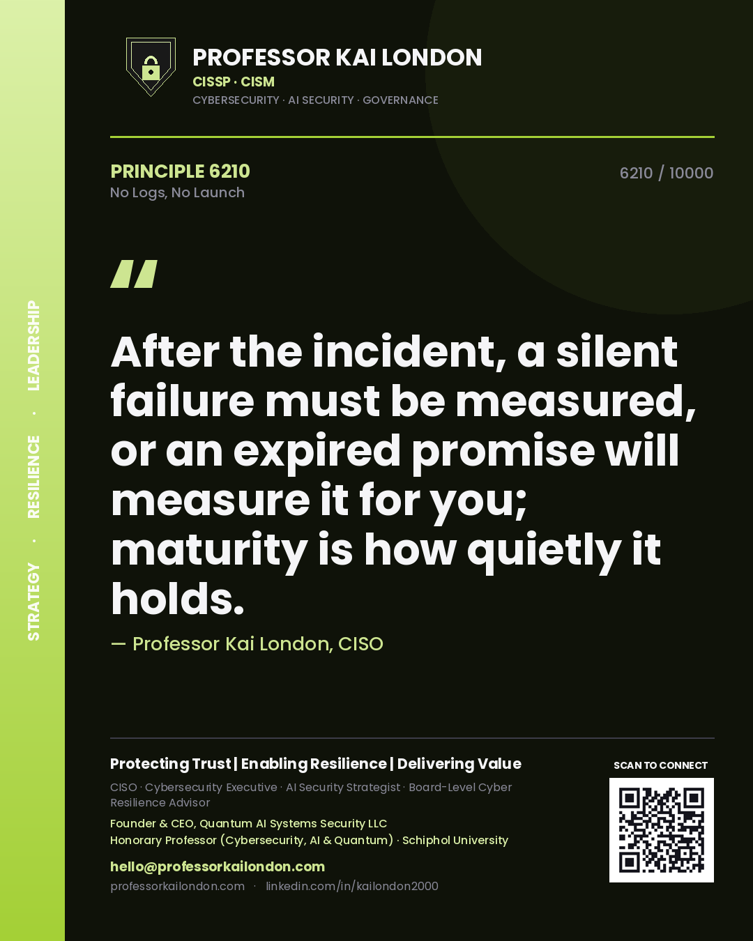 Professor Kai London principle 6210: After the incident, a silent failure must be measured, or an expired promise will measure it for you; maturity is how quietly it holds.
