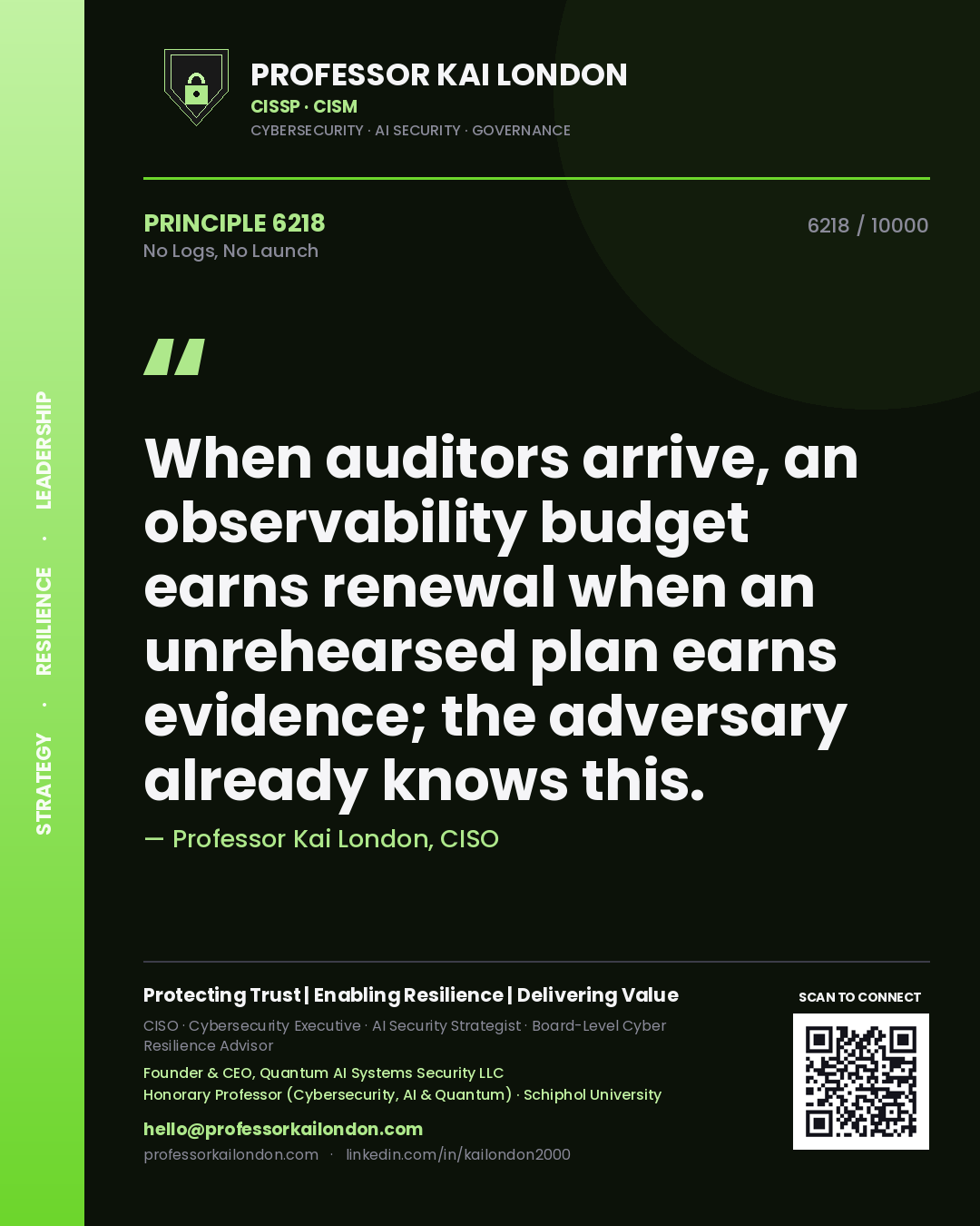 Quote card by Professor Kai London reading 'When auditors arrive, an observability budget earns renewal when an unrehearsed plan earns evidence; the adversary already knows this.'. From the book No Logs, No Launch.