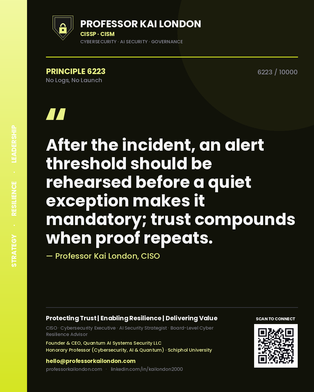 Quote card by Professor Kai London reading 'After the incident, an alert threshold should be rehearsed before a quiet exception makes it mandatory; trust compounds when proof repeats.'. From the book No Logs, No Launch.