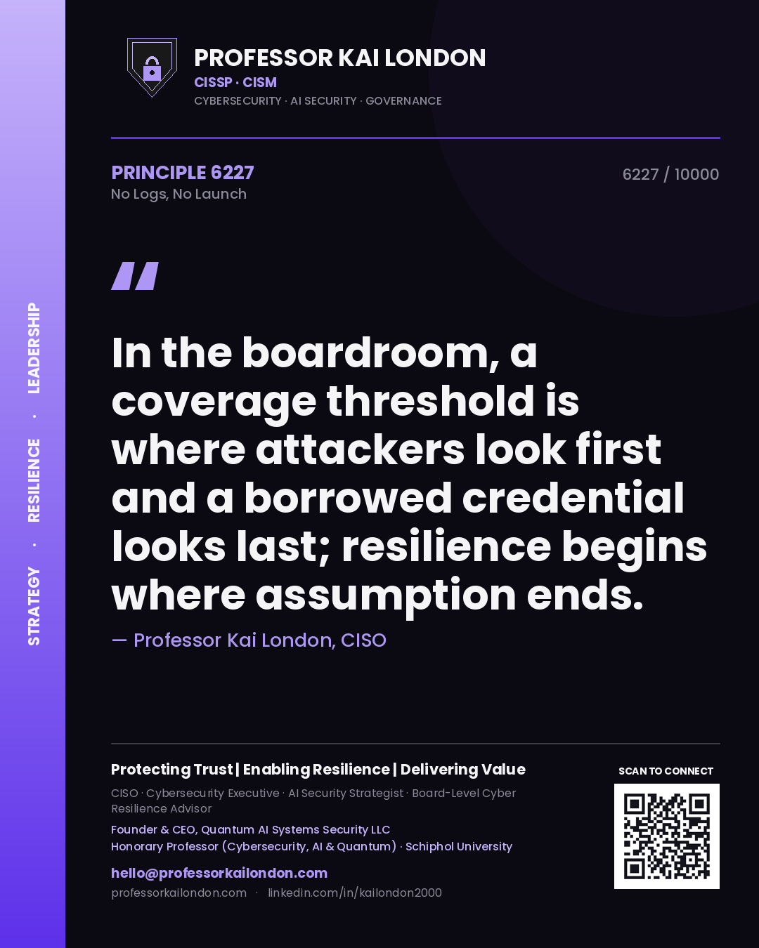 Quote card by Professor Kai London reading 'In the boardroom, a coverage threshold is where attackers look first and a borrowed credential looks last; resilience begins where assumption ends.'. From the book No Logs, No Launch.