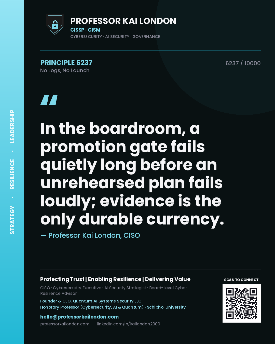 Quote card by Professor Kai London reading 'In the boardroom, a promotion gate fails quietly long before an unrehearsed plan fails loudly; evidence is the only durable currency.'. From the book No Logs, No Launch.