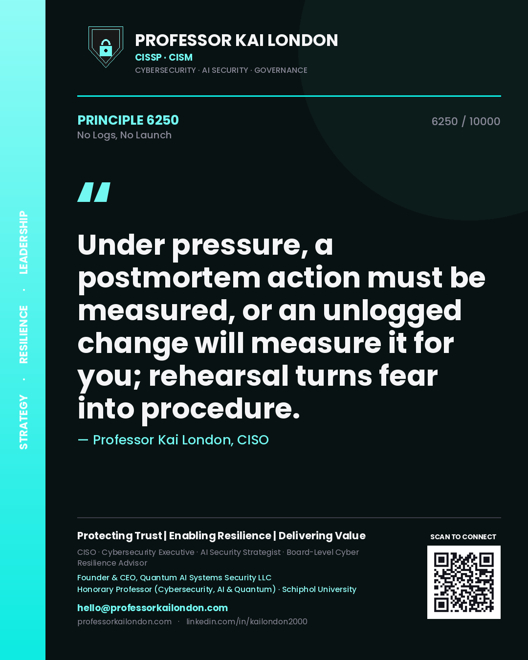 Quote card by Professor Kai London reading 'Under pressure, a postmortem action must be measured, or an unlogged change will measure it for you; rehearsal turns fear into procedure.'. From the book No Logs, No Launch.