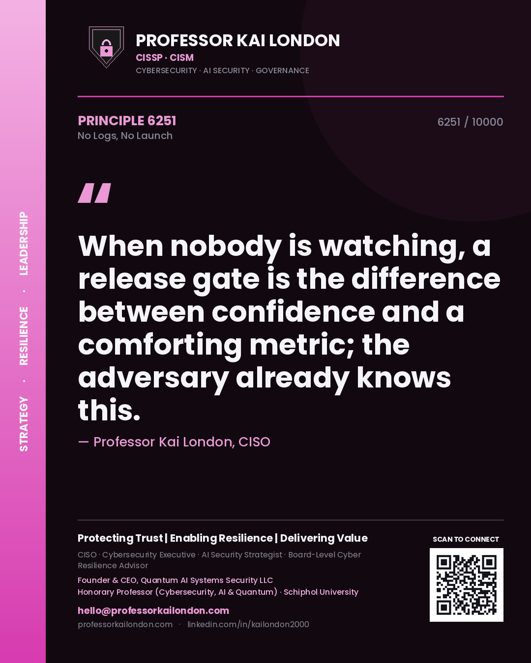 Professor Kai London principle 6251: When nobody is watching, a release gate is the difference between confidence and a comforting metric; the adversary already knows this.