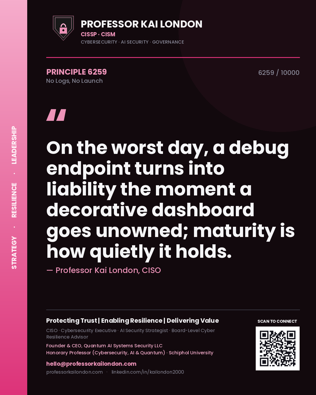 Professor Kai London principle 6259: On the worst day, a debug endpoint turns into liability the moment a decorative dashboard goes unowned; maturity is how quietly it holds.