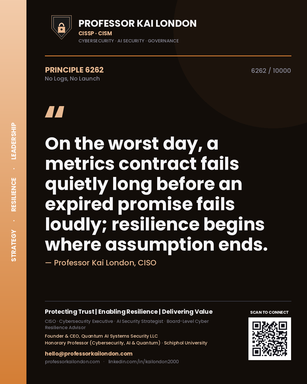 Quote card by Professor Kai London reading 'On the worst day, a metrics contract fails quietly long before an expired promise fails loudly; resilience begins where assumption ends.'. From the book No Logs, No Launch.