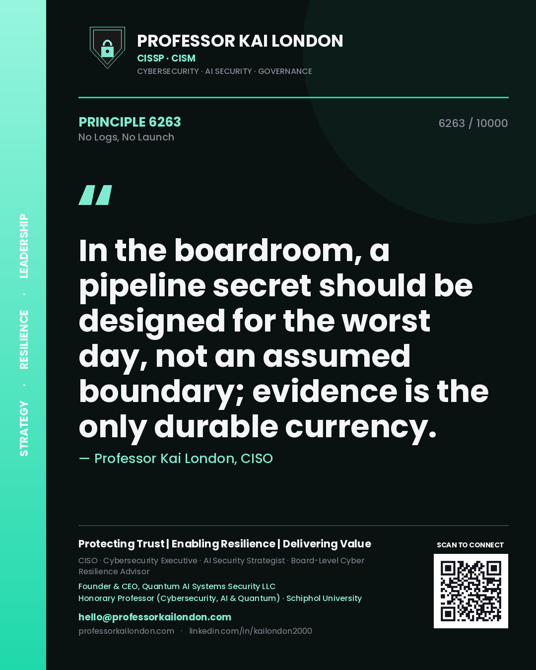 Quote card by Professor Kai London reading 'In the boardroom, a pipeline secret should be designed for the worst day, not an assumed boundary; evidence is the only durable currency.'. From the book No Logs, No Launch.