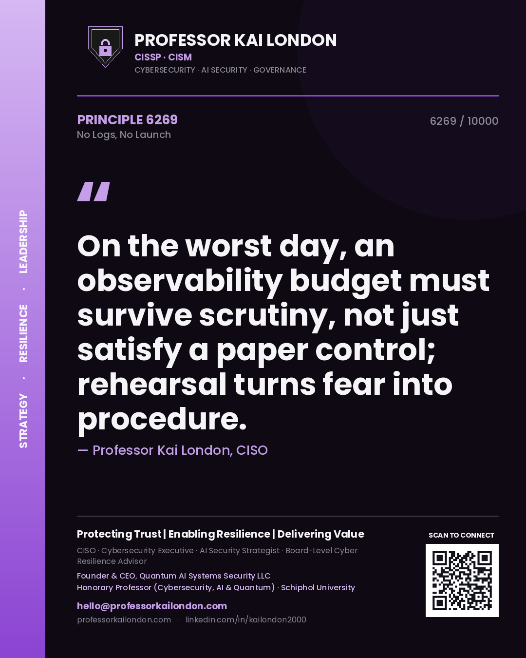 Quote card by Professor Kai London reading 'On the worst day, an observability budget must survive scrutiny, not just satisfy a paper control; rehearsal turns fear into procedure.'. From the book No Logs, No Launch.