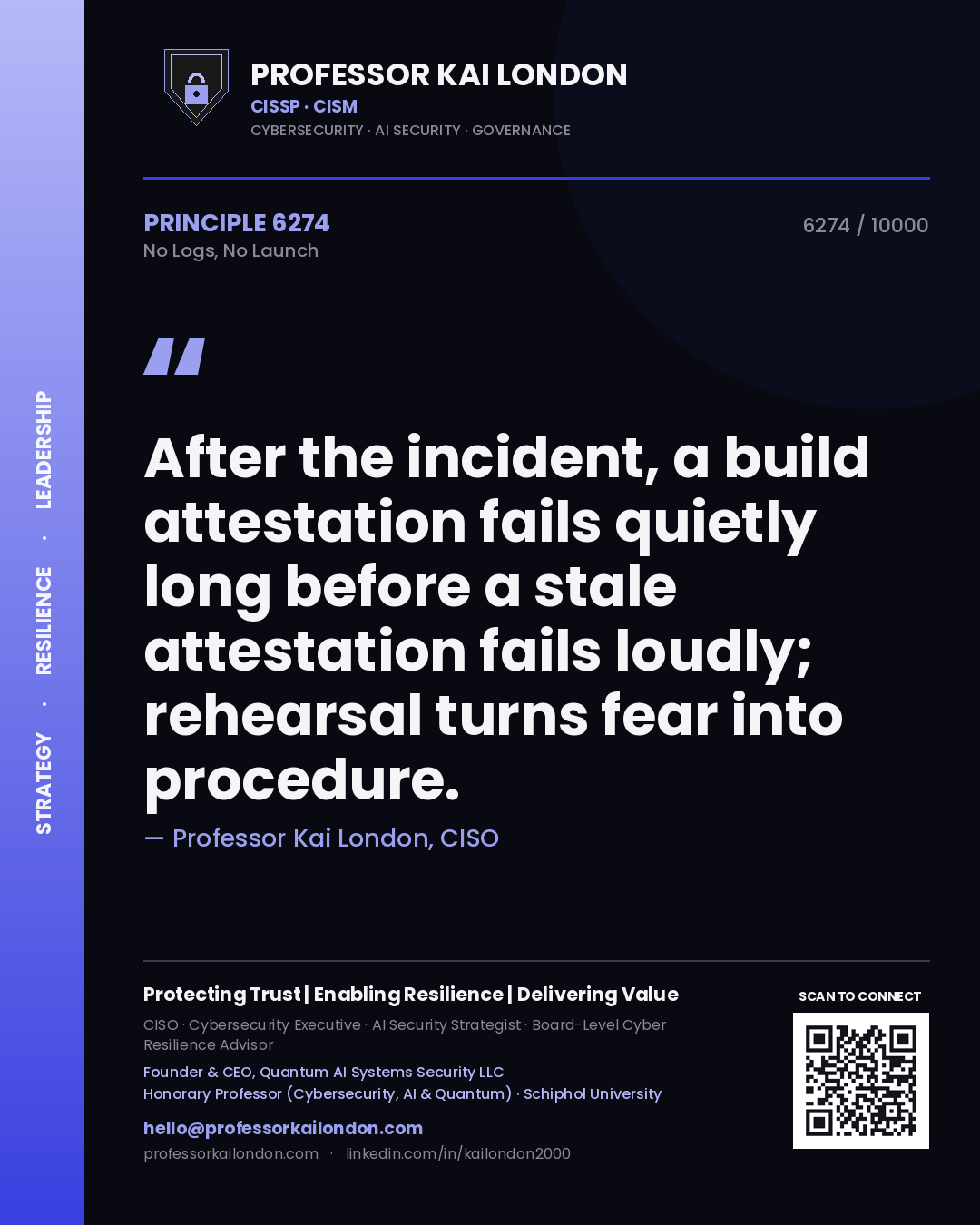 Quote card by Professor Kai London reading 'After the incident, a build attestation fails quietly long before a stale attestation fails loudly; rehearsal turns fear into procedure.'. From the book No Logs, No Launch.