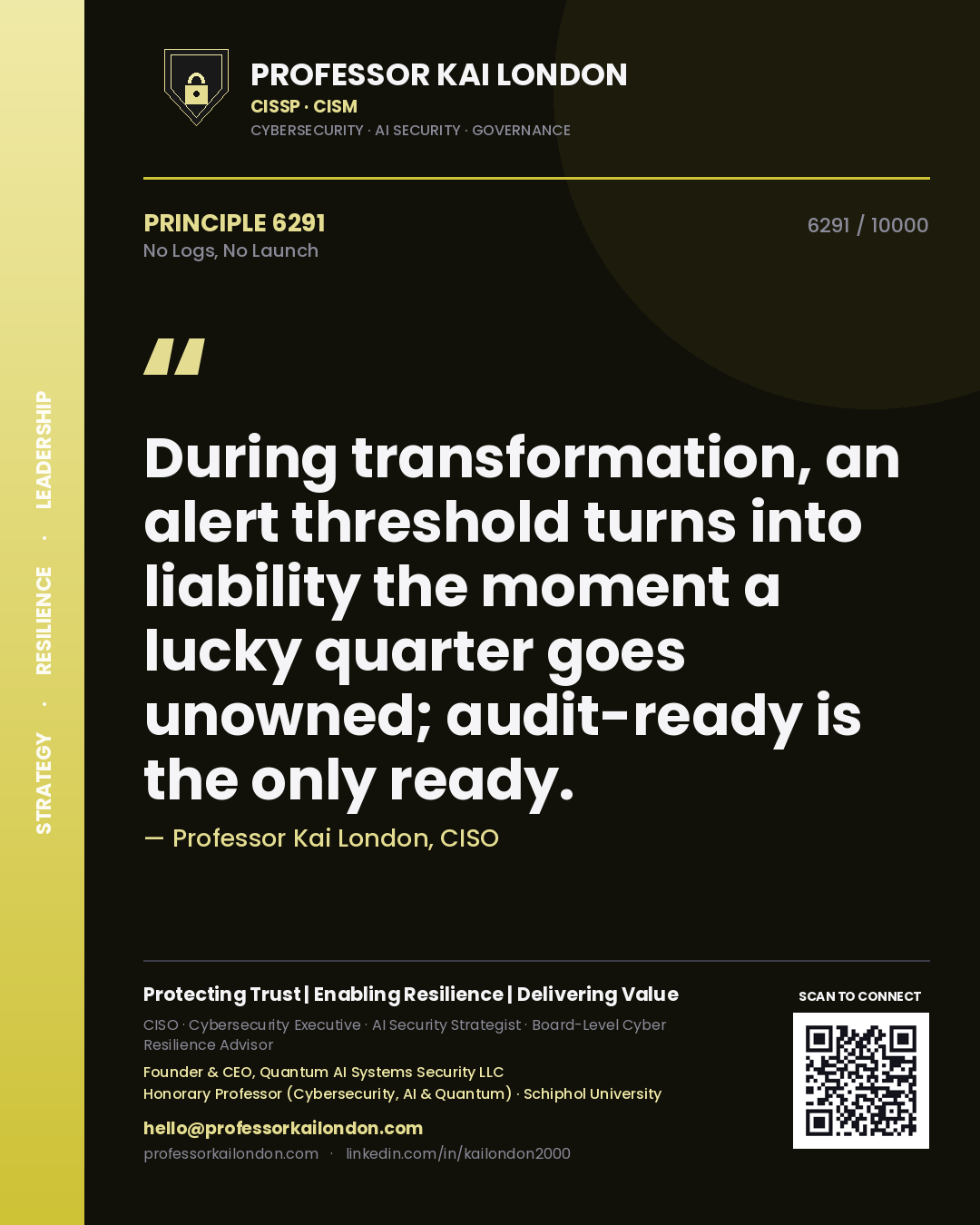 Quote card by Professor Kai London reading 'During transformation, an alert threshold turns into liability the moment a lucky quarter goes unowned; audit-ready is the only ready.'. From the book No Logs, No Launch.