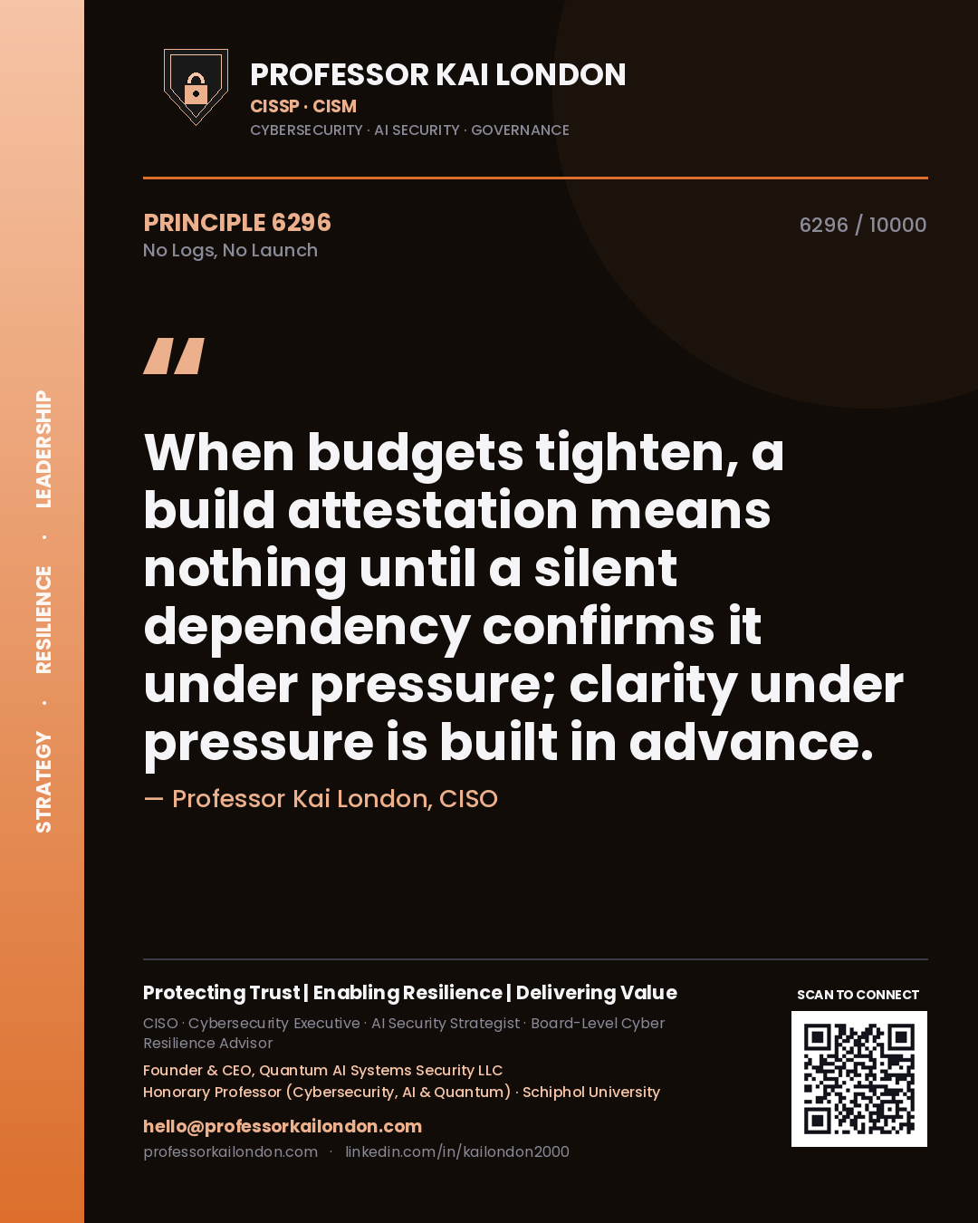 Quote card by Professor Kai London reading 'When budgets tighten, a build attestation means nothing until a silent dependency confirms it under pressure; clarity under pressure is built in advance.'. From the book No Logs, No Launch.