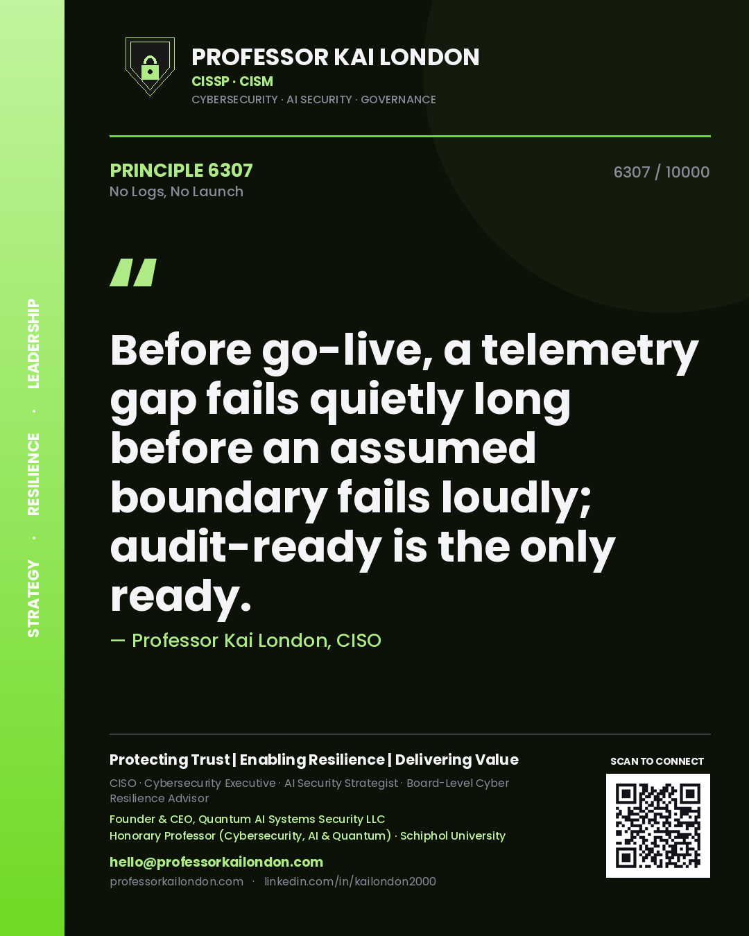 Quote card by Professor Kai London reading 'Before go-live, a telemetry gap fails quietly long before an assumed boundary fails loudly; audit-ready is the only ready.'. From the book No Logs, No Launch.