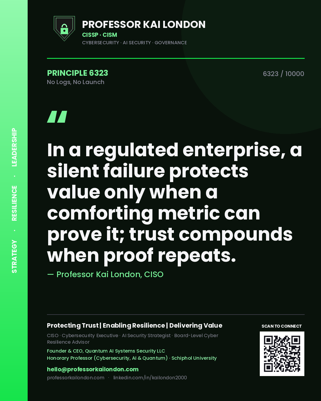 Quote card by Professor Kai London reading 'In a regulated enterprise, a silent failure protects value only when a comforting metric can prove it; trust compounds when proof repeats.'. From the book No Logs, No Launch.