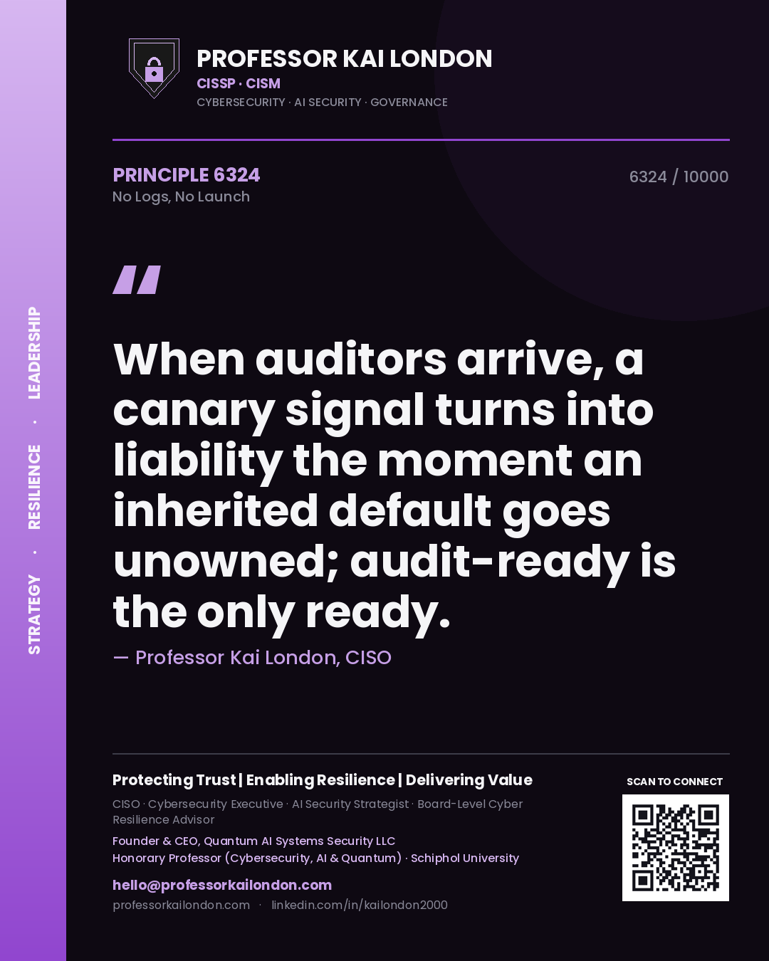Quote card by Professor Kai London reading 'When auditors arrive, a canary signal turns into liability the moment an inherited default goes unowned; audit-ready is the only ready.'. From the book No Logs, No Launch.