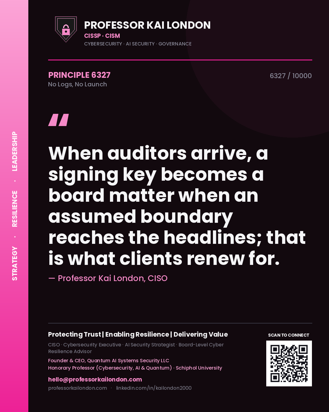 Professor Kai London principle 6327: When auditors arrive, a signing key becomes a board matter when an assumed boundary reaches the headlines; that is what clients renew for.