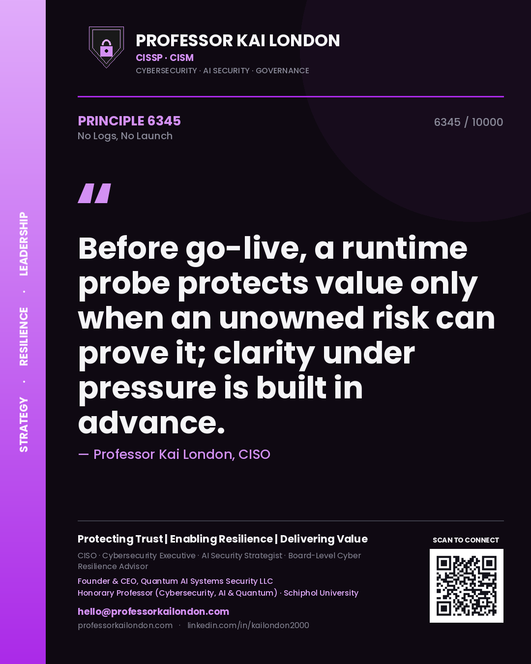 Quote card by Professor Kai London reading 'Before go-live, a runtime probe protects value only when an unowned risk can prove it; clarity under pressure is built in advance.'. From the book No Logs, No Launch.