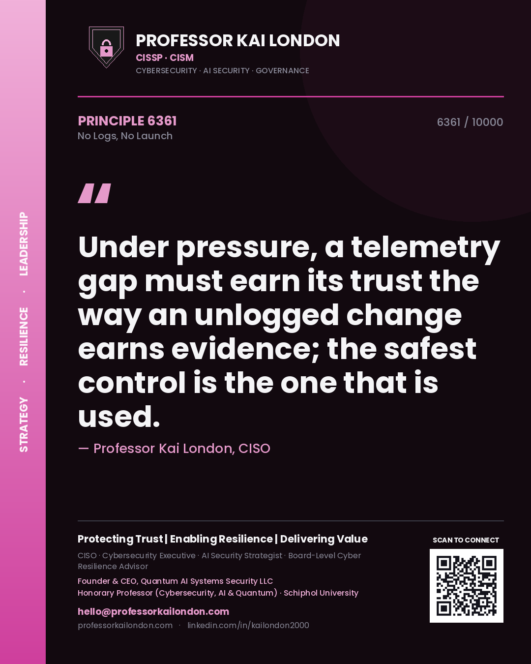 Professor Kai London principle 6361: Under pressure, a telemetry gap must earn its trust the way an unlogged change earns evidence; the safest control is the one that is used.