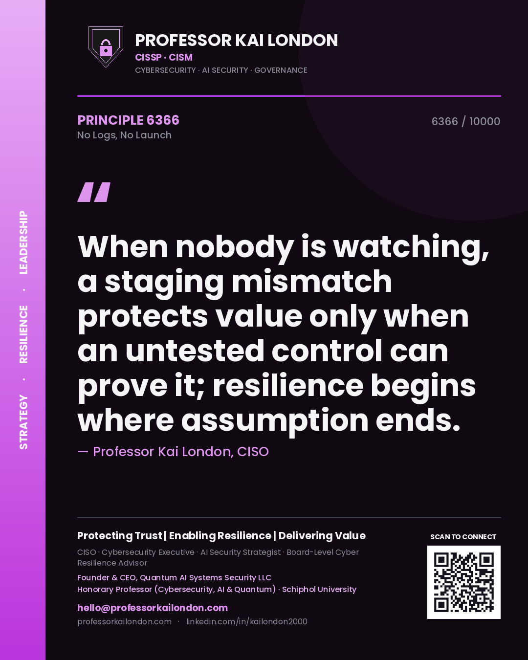 Quote card by Professor Kai London reading 'When nobody is watching, a staging mismatch protects value only when an untested control can prove it; resilience begins where assumption ends.'. From the book No Logs, No Launch.