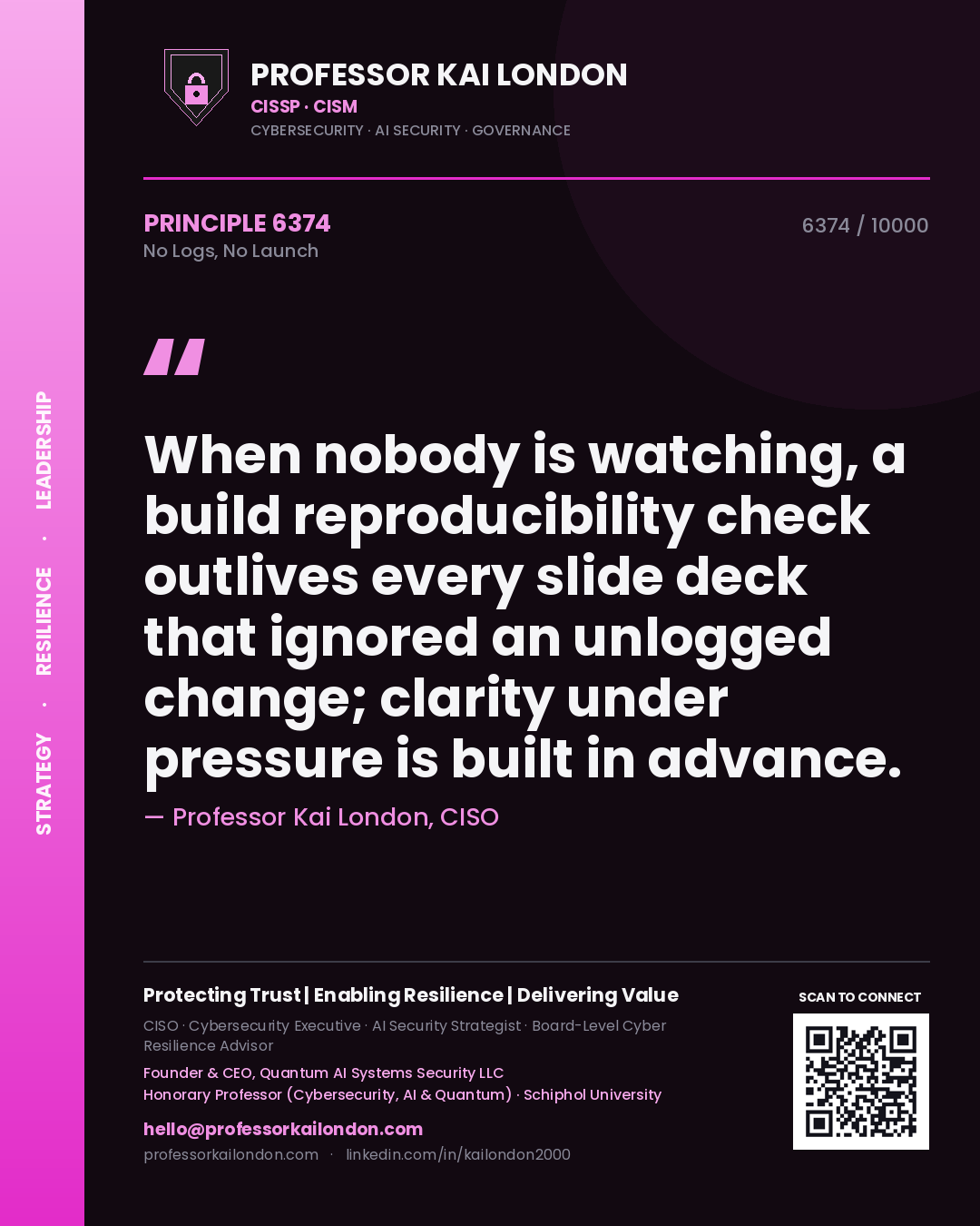 Quote card by Professor Kai London reading 'When nobody is watching, a build reproducibility check outlives every slide deck that ignored an unlogged change; clarity under pressure is built in advance.'. From the book No Logs, No Launch.